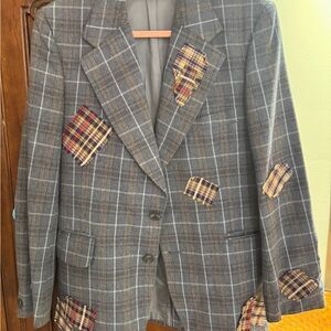 Hardy Amies Gray Plaid Blazer with Multicolor Patches